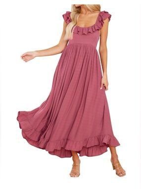 R.Vivimos "Boho Ruffle Square Neck Tie Back" Midi in Dark Rose Women Size Small